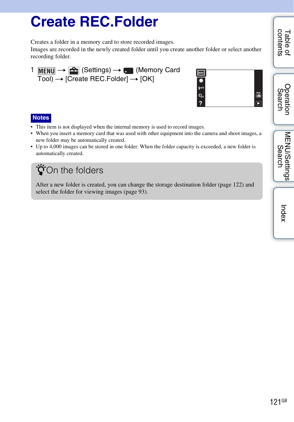 Create rec.folder, On the folders | Sony DSC-T110 User Manual | Page 121 / 164