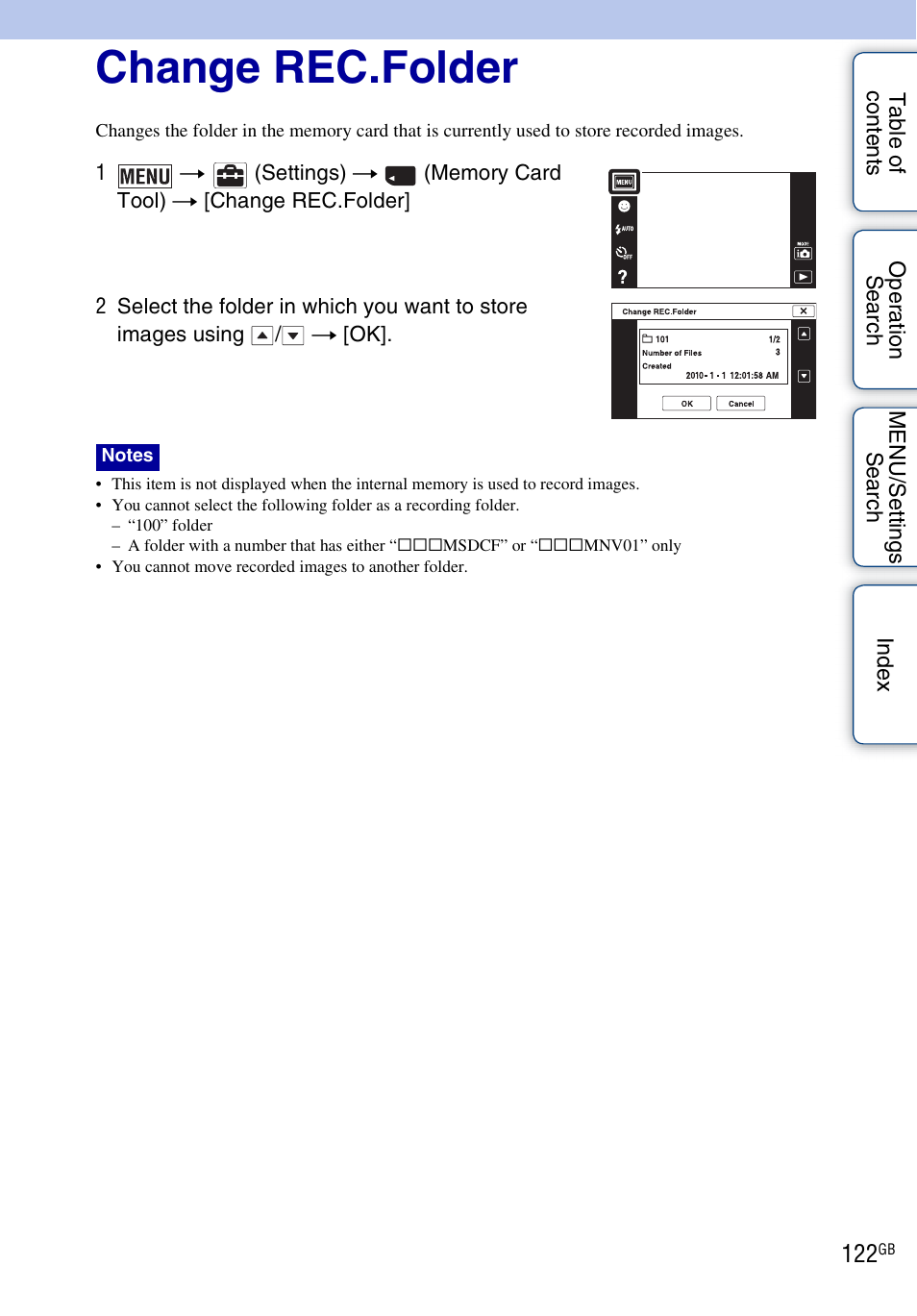 Change rec.folder | Sony DSC-T110 User Manual | Page 122 / 164