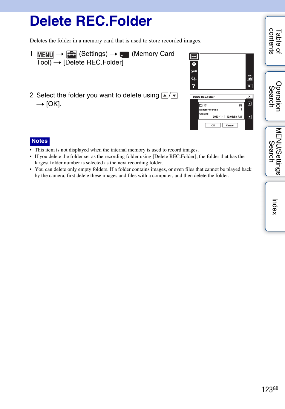 Delete rec.folder | Sony DSC-T110 User Manual | Page 123 / 164