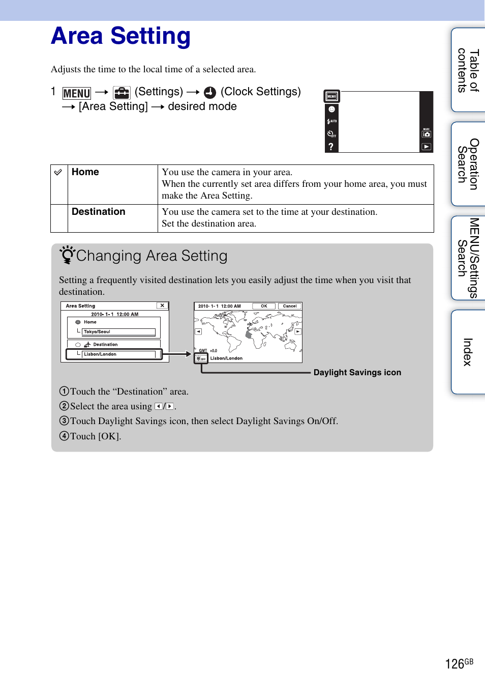 Area setting, Changing area setting | Sony DSC-T110 User Manual | Page 126 / 164