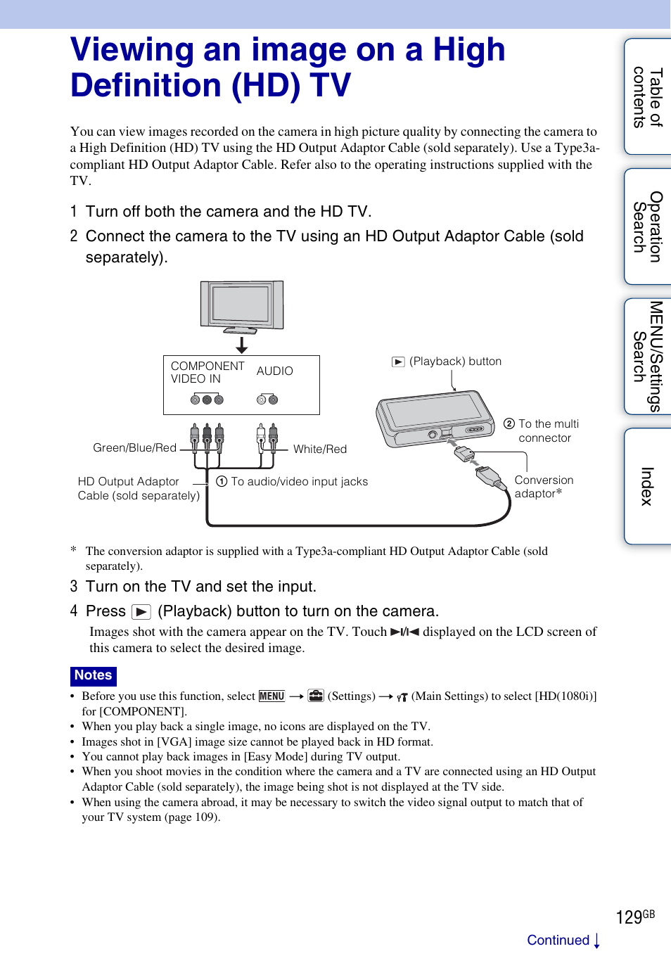 Viewing an image on a high definition (hd) tv | Sony DSC-T110 User Manual | Page 129 / 164