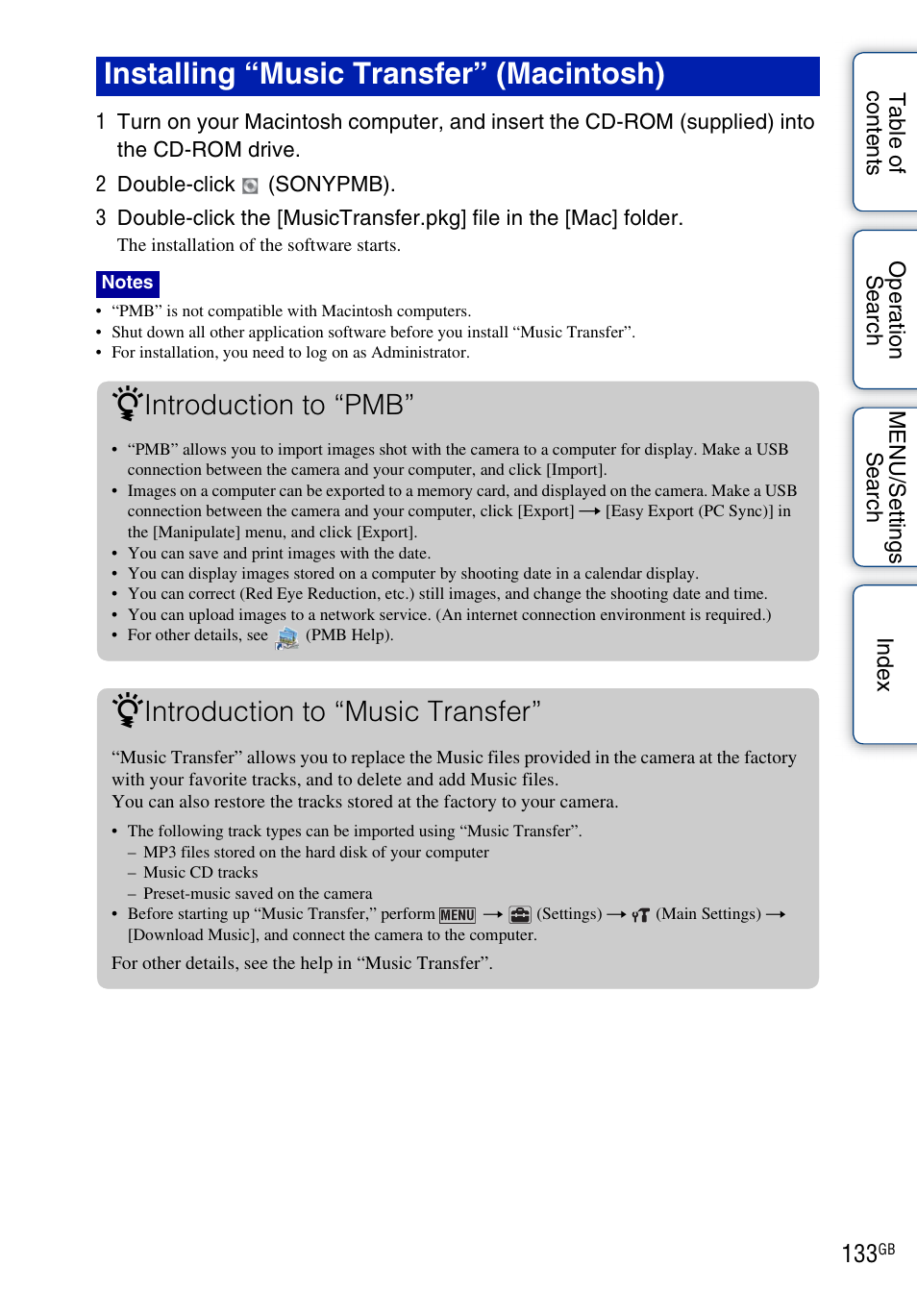 Installing “music transfer” (macintosh), Introduction to “pmb, Introduction to “music transfer | Sony DSC-T110 User Manual | Page 133 / 164
