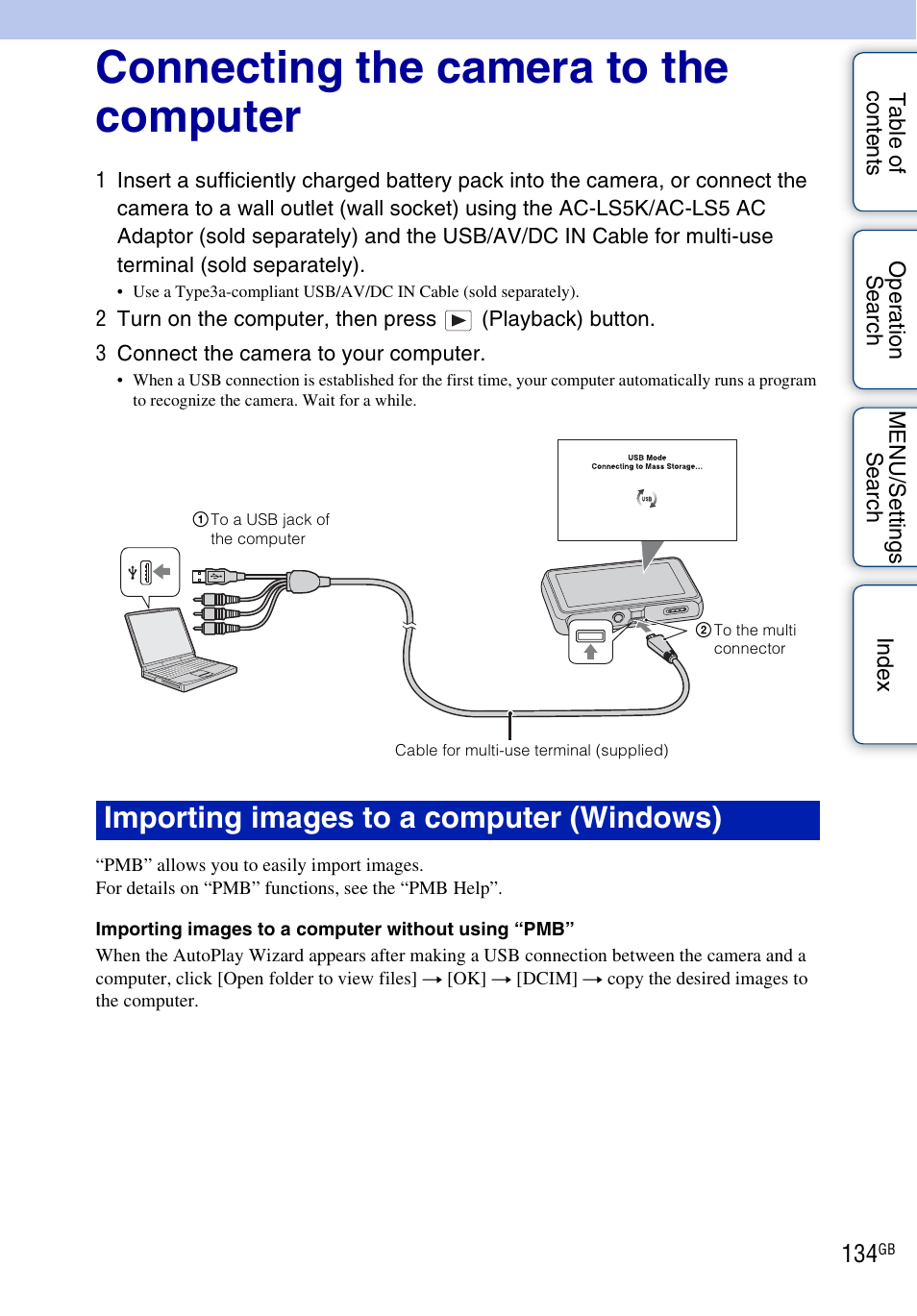 Connecting the camera to the computer, 134 wit, Importing images to a computer (windows) | Sony DSC-T110 User Manual | Page 134 / 164