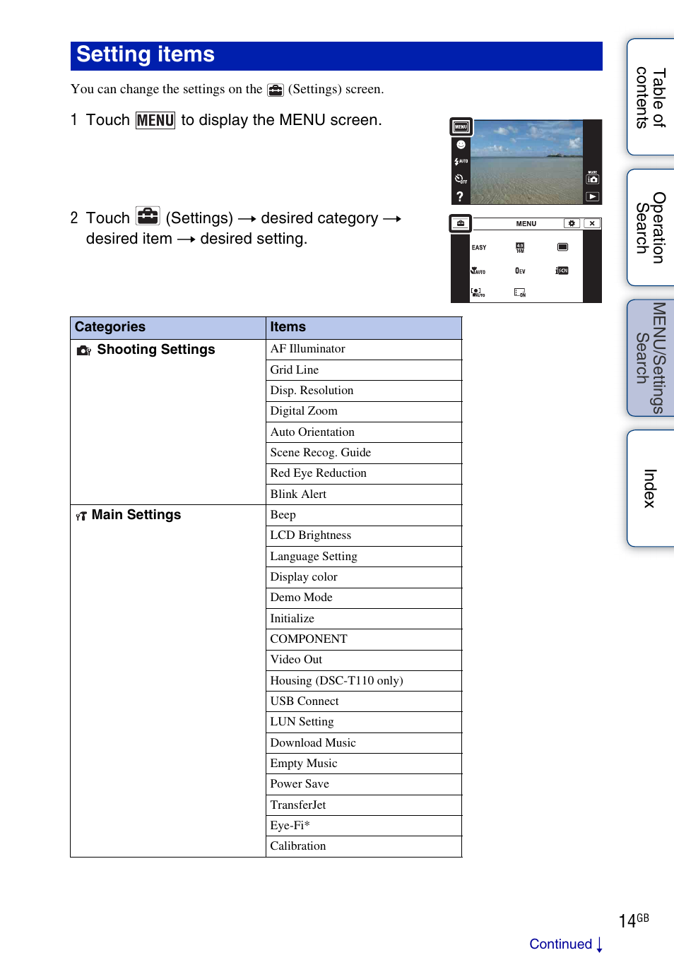 Setting items | Sony DSC-T110 User Manual | Page 14 / 164