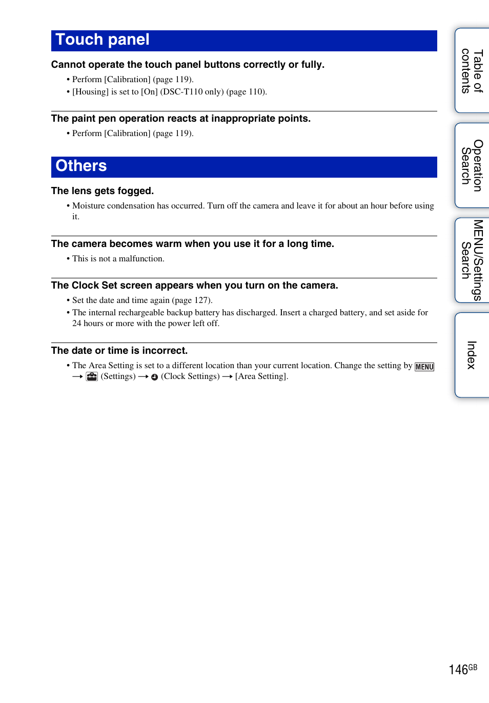 O 146, Touch panel others | Sony DSC-T110 User Manual | Page 146 / 164