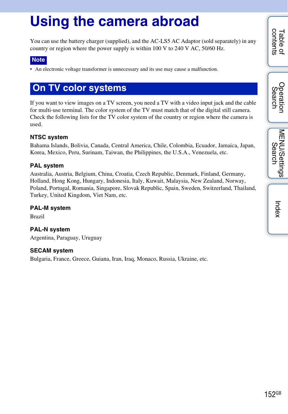 Using the camera abroad, On tv color systems | Sony DSC-T110 User Manual | Page 152 / 164