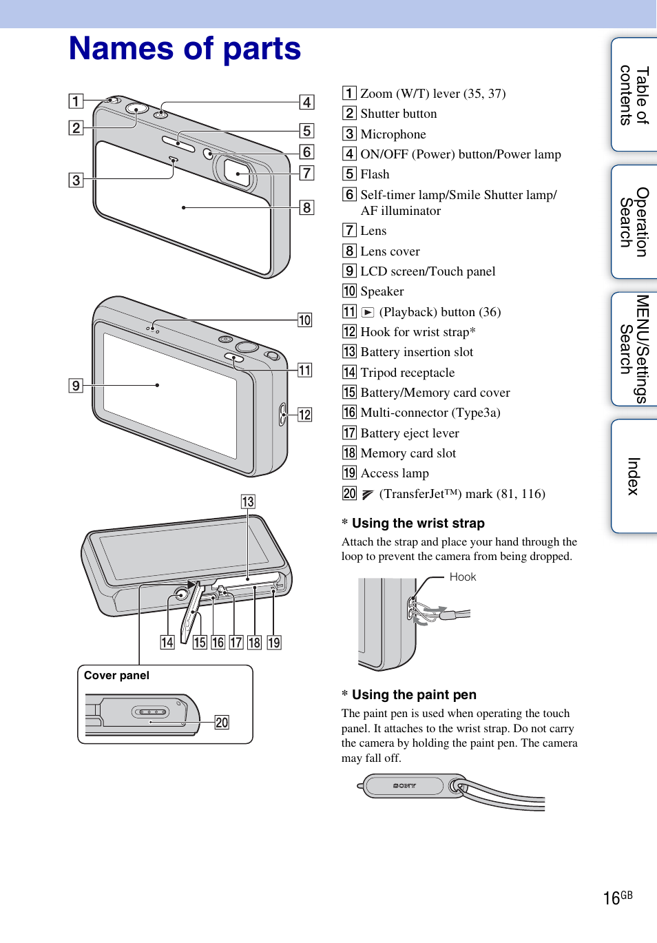 Names of parts | Sony DSC-T110 User Manual | Page 16 / 164