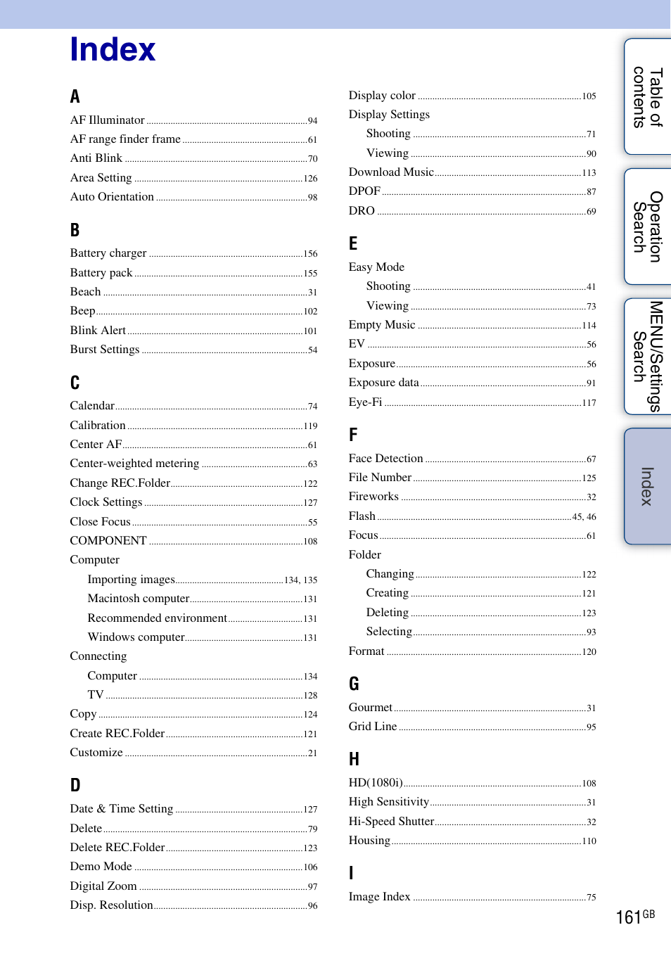 Index, De x | Sony DSC-T110 User Manual | Page 161 / 164