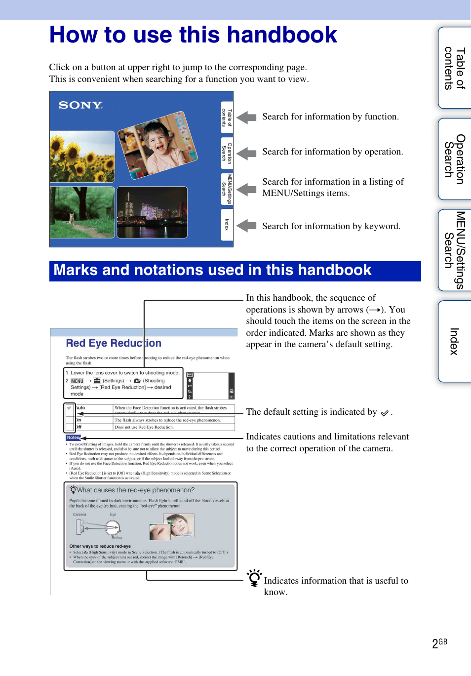 How to use this handbook, Marks and notations used in this handbook | Sony DSC-T110 User Manual | Page 2 / 164