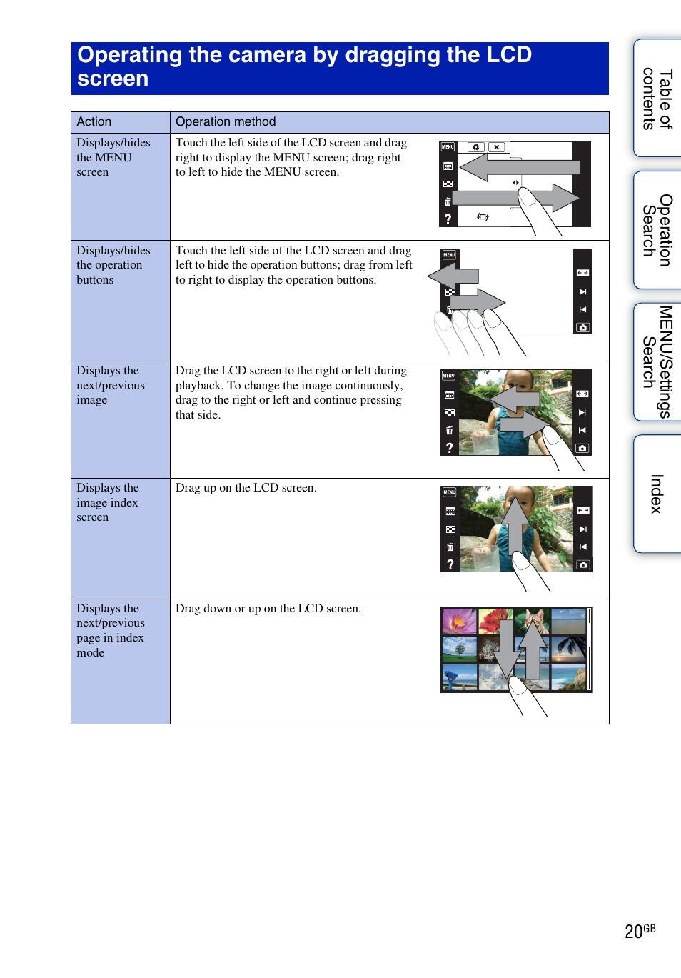 Operating the camera by dragging the lcd screen | Sony DSC-T110 User Manual | Page 20 / 164