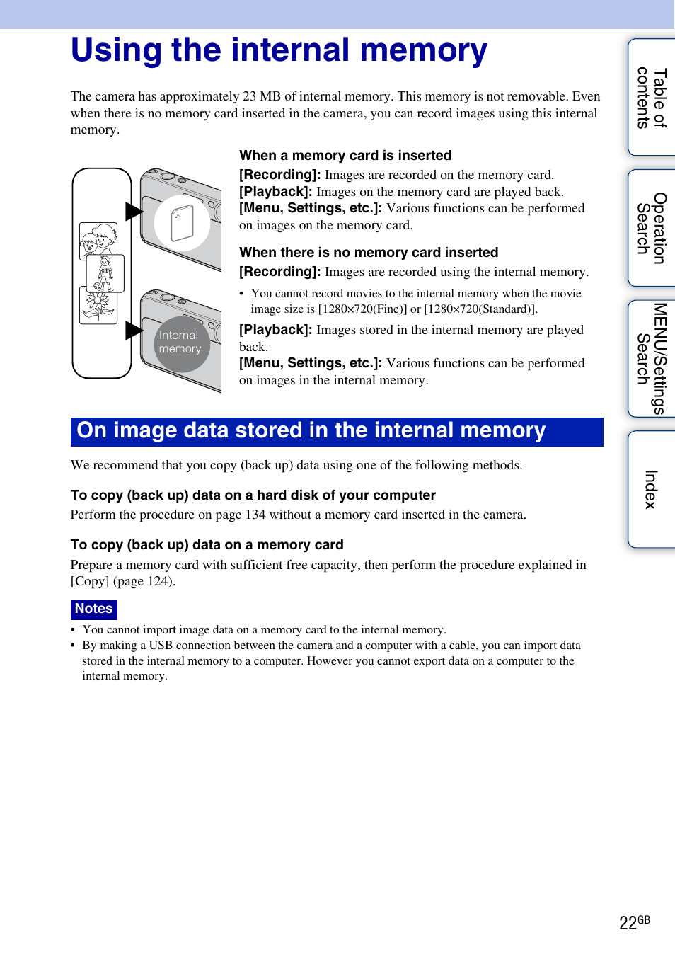 Using the internal memory | Sony DSC-T110 User Manual | Page 22 / 164