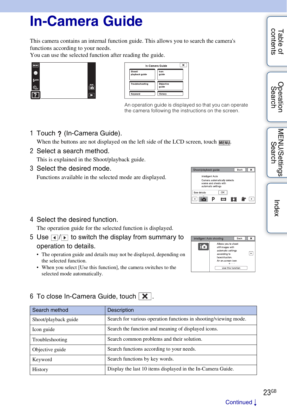 In-camera guide | Sony DSC-T110 User Manual | Page 23 / 164