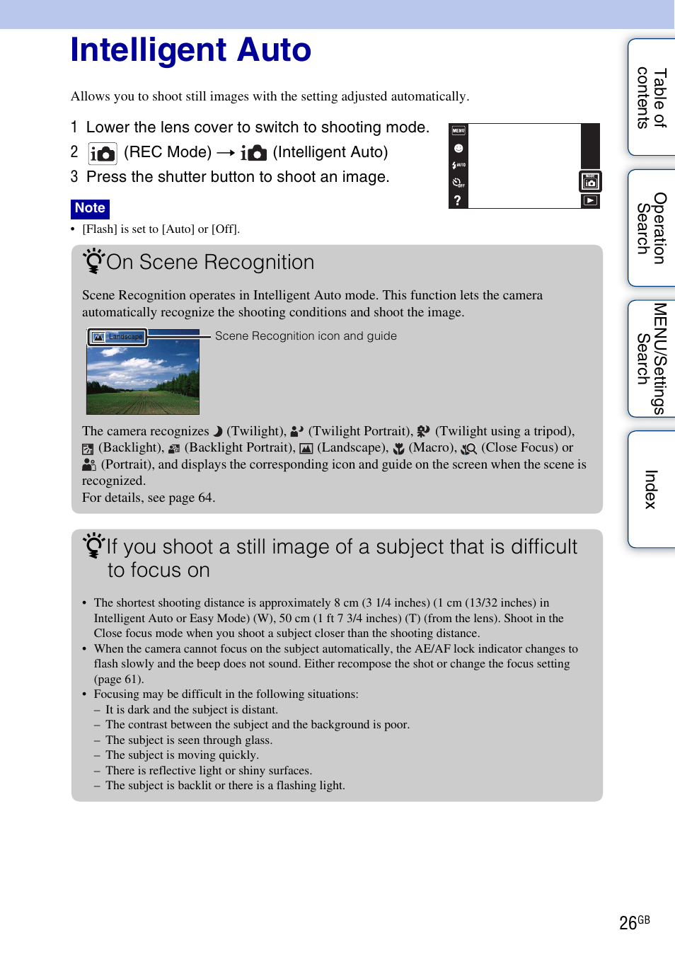 Intelligent auto, On scene recognition | Sony DSC-T110 User Manual | Page 26 / 164