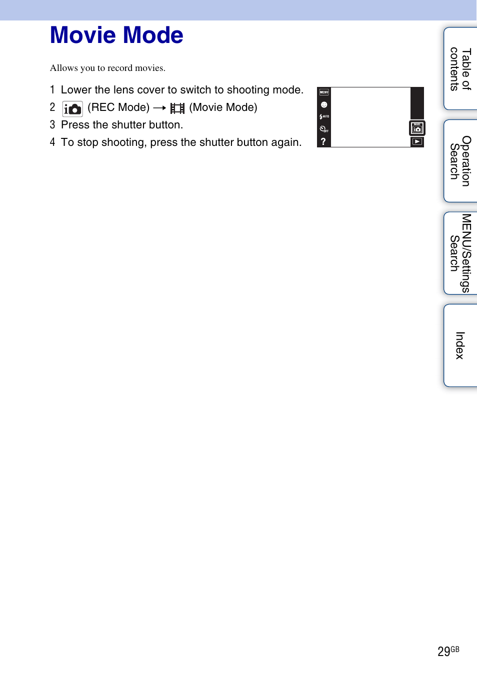 Movie mode | Sony DSC-T110 User Manual | Page 29 / 164