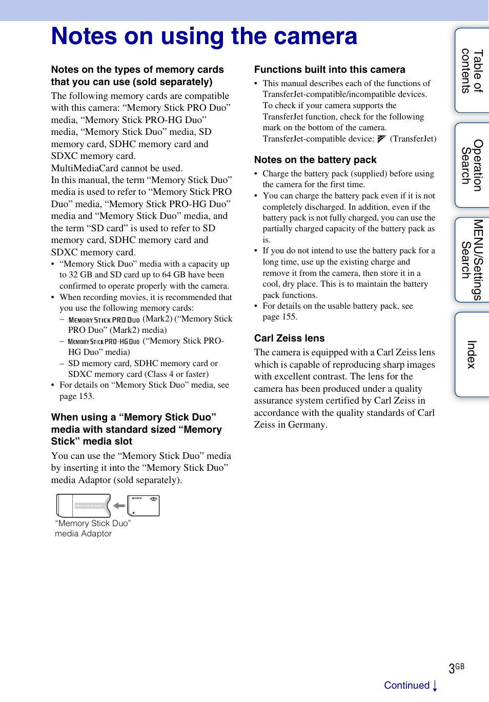 Notes on using the camera | Sony DSC-T110 User Manual | Page 3 / 164