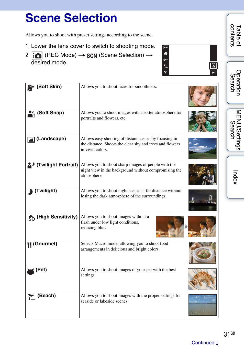 Scene selection | Sony DSC-T110 User Manual | Page 31 / 164