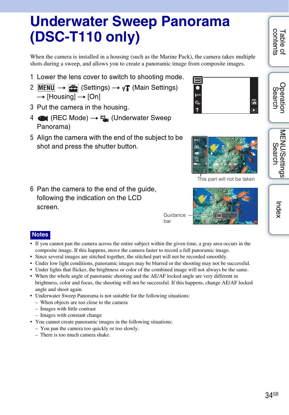 Underwater sweep panorama (dsc-t110 only) | Sony DSC-T110 User Manual | Page 34 / 164