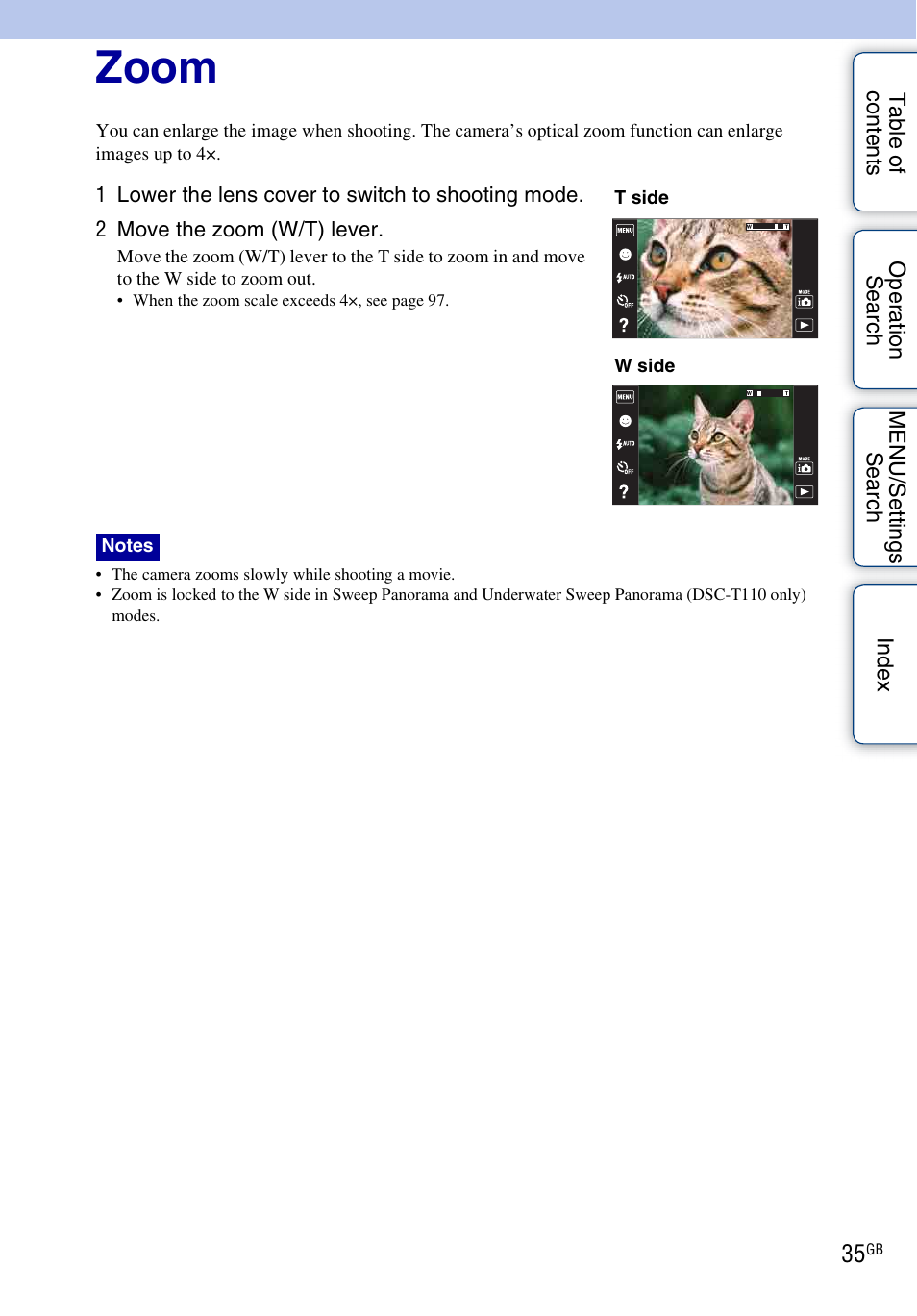 Zoom | Sony DSC-T110 User Manual | Page 35 / 164