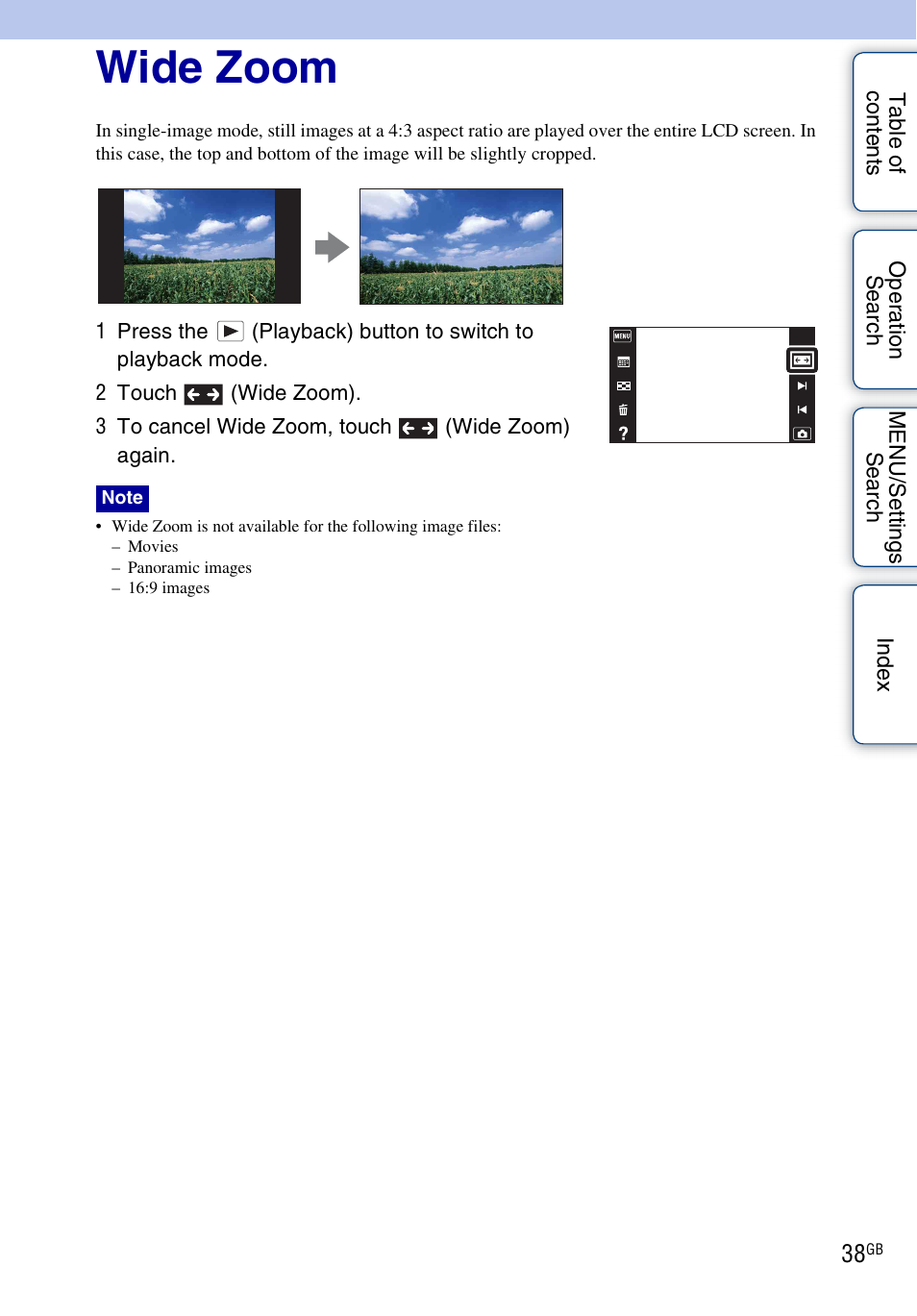 Wide zoom | Sony DSC-T110 User Manual | Page 38 / 164