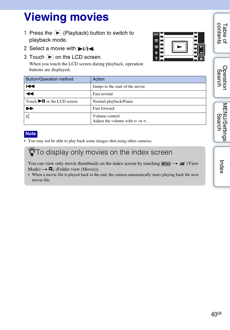 Viewing movies | Sony DSC-T110 User Manual | Page 40 / 164