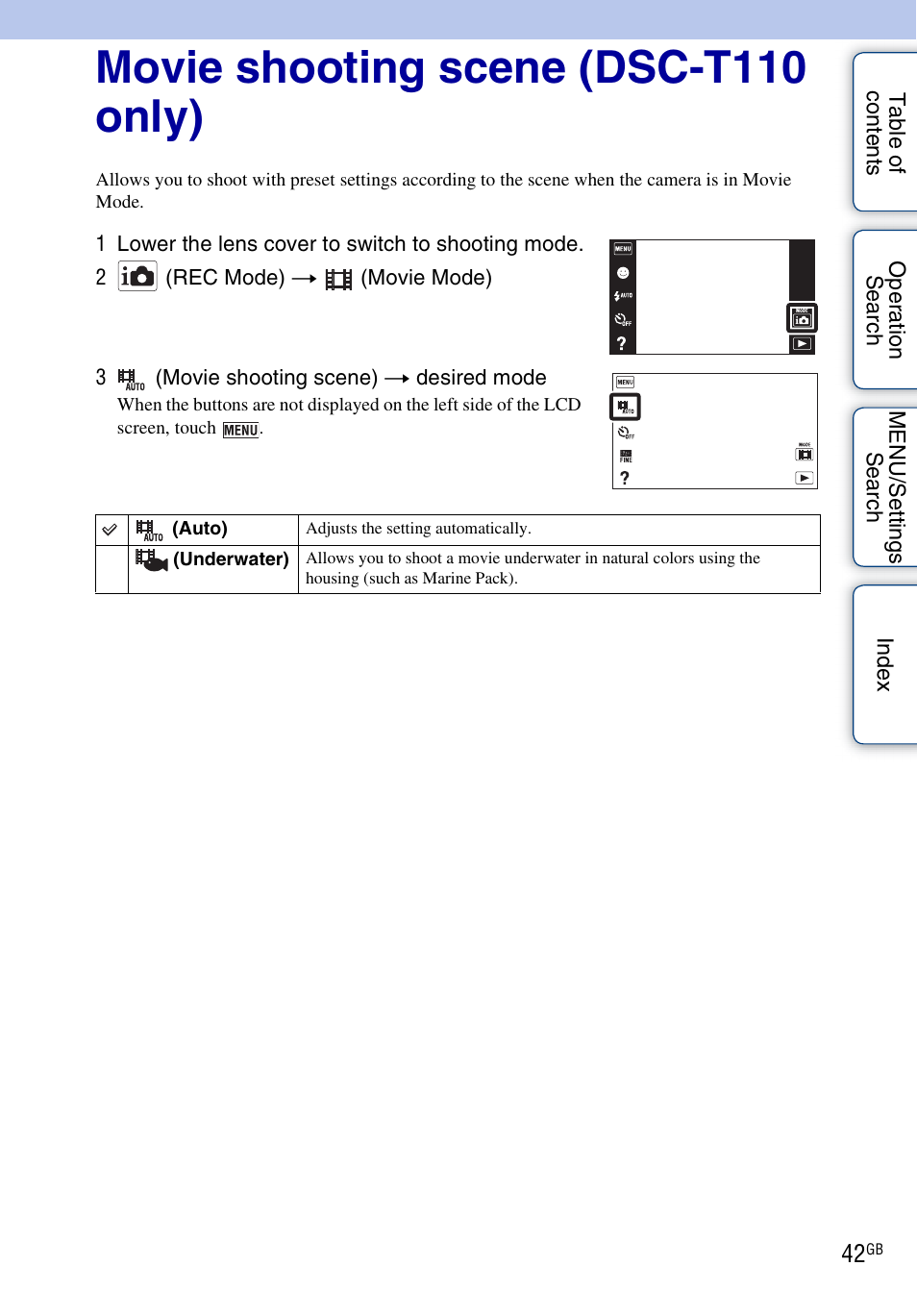 Movie shooting scene (dsc-t110 only), Movie shooting scene (dsc- t110 only) | Sony DSC-T110 User Manual | Page 42 / 164