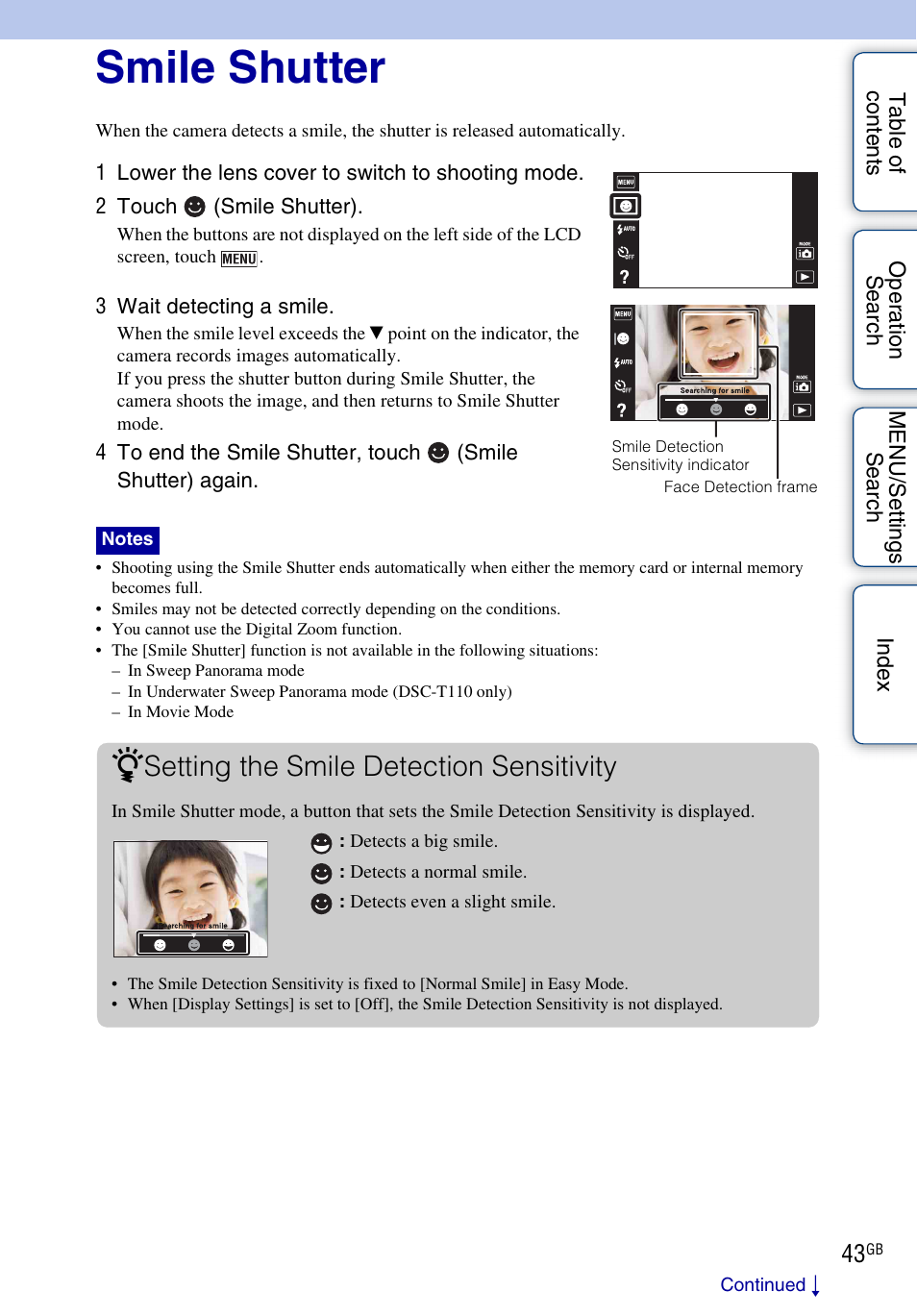 Smile shutter, Setting the smile detection sensitivity | Sony DSC-T110 User Manual | Page 43 / 164