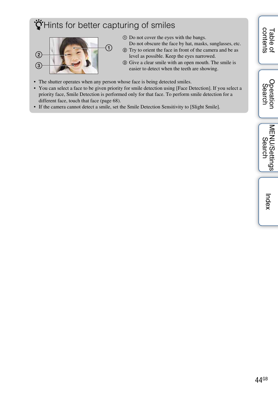Hints for better capturing of smiles | Sony DSC-T110 User Manual | Page 44 / 164