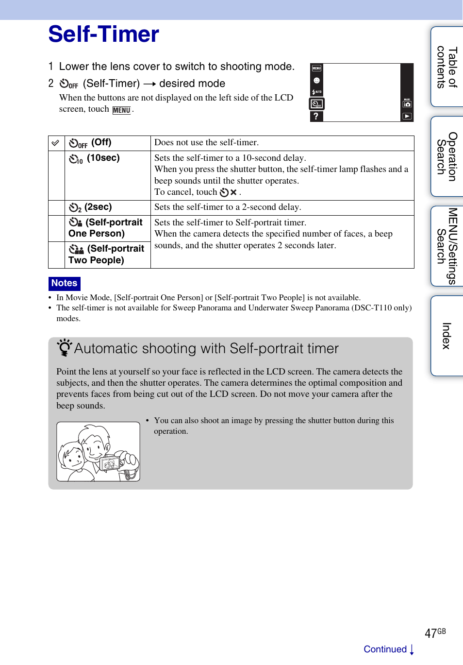 Self-timer, Automatic shooting with self-portrait timer | Sony DSC-T110 User Manual | Page 47 / 164