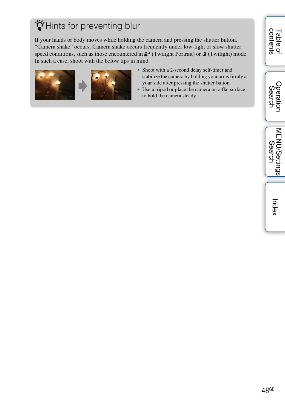 Hints for preventing blur | Sony DSC-T110 User Manual | Page 48 / 164
