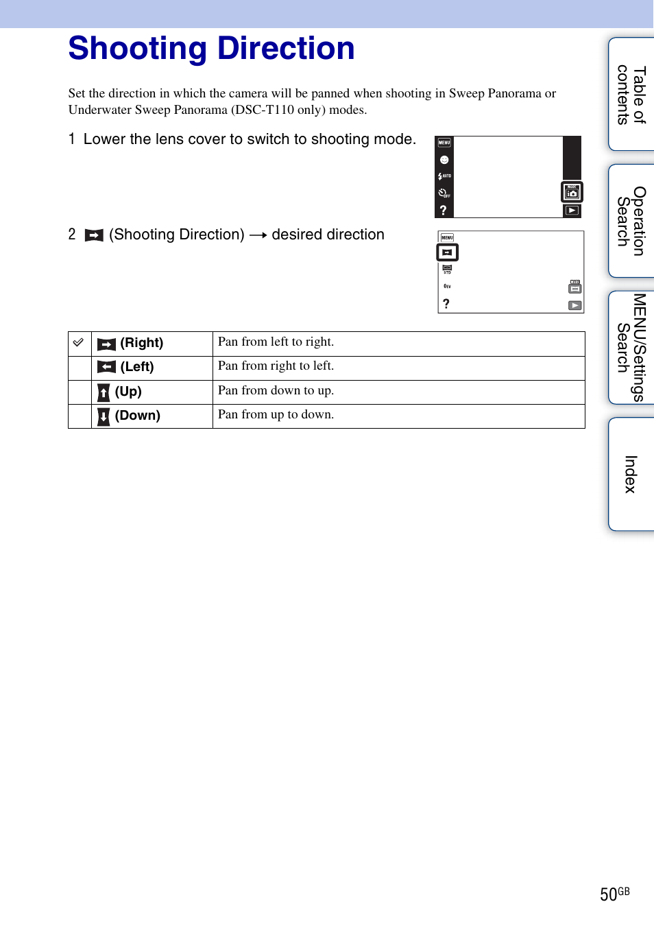 Shooting direction | Sony DSC-T110 User Manual | Page 50 / 164