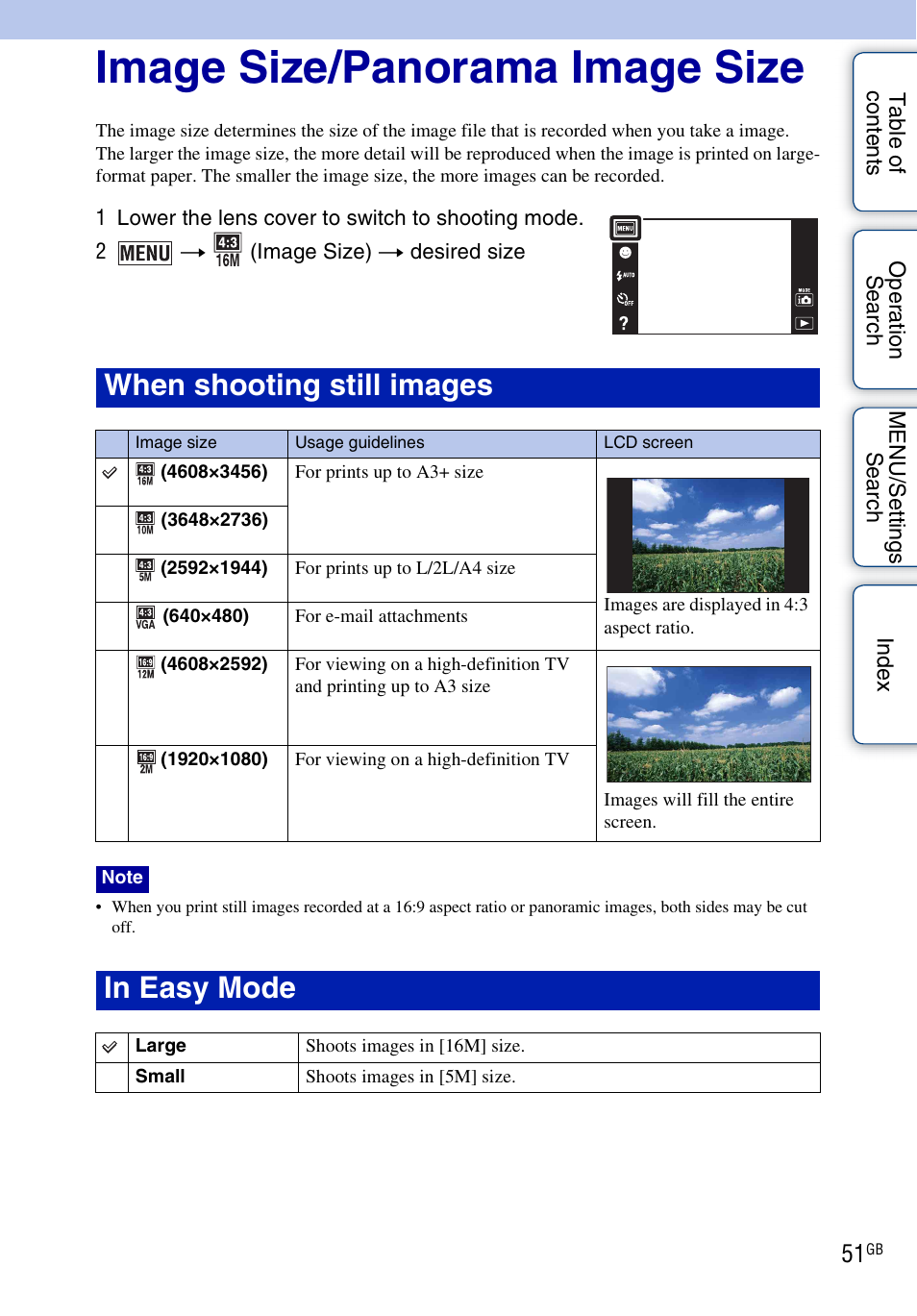 Image size/panorama image size, When shooting still images | Sony DSC-T110 User Manual | Page 51 / 164