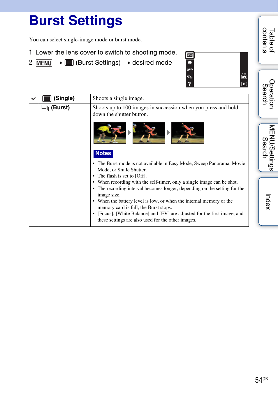 Burst settings | Sony DSC-T110 User Manual | Page 54 / 164