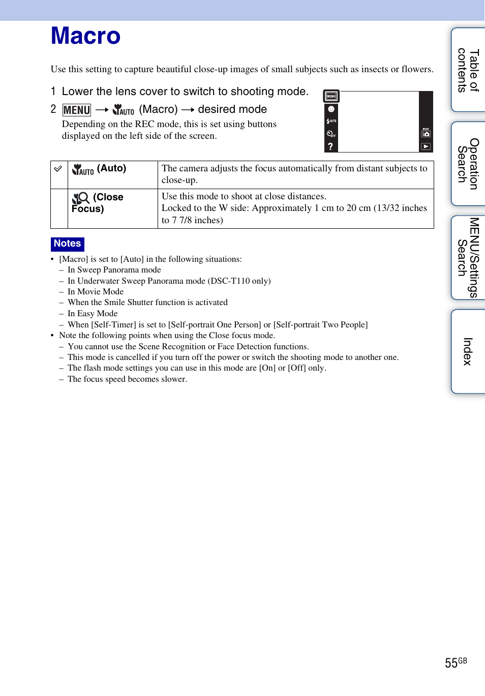 Macro | Sony DSC-T110 User Manual | Page 55 / 164