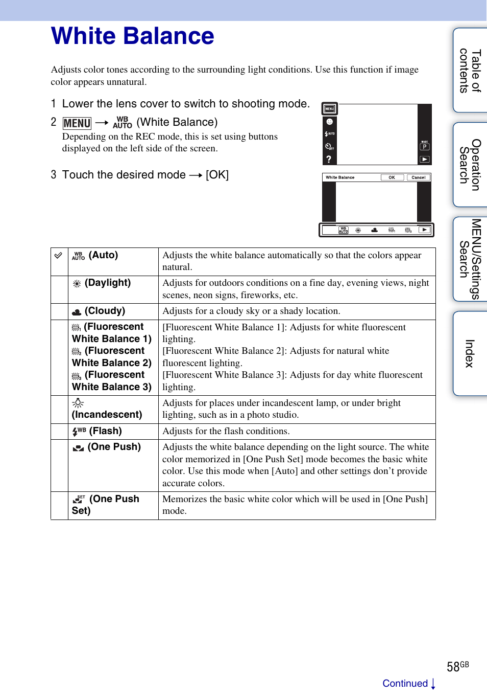 White balance | Sony DSC-T110 User Manual | Page 58 / 164