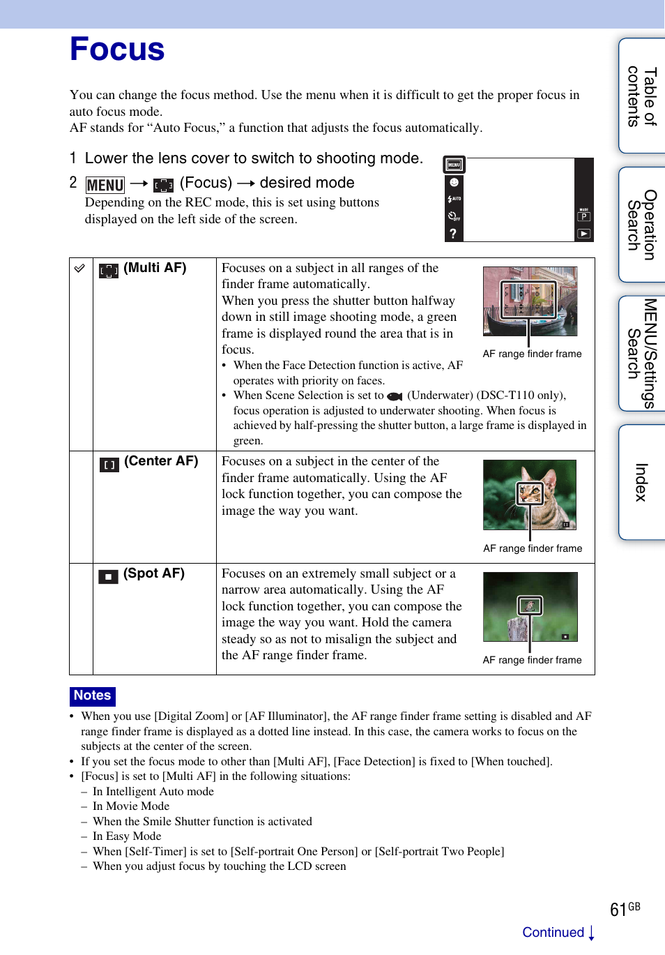 Focus | Sony DSC-T110 User Manual | Page 61 / 164