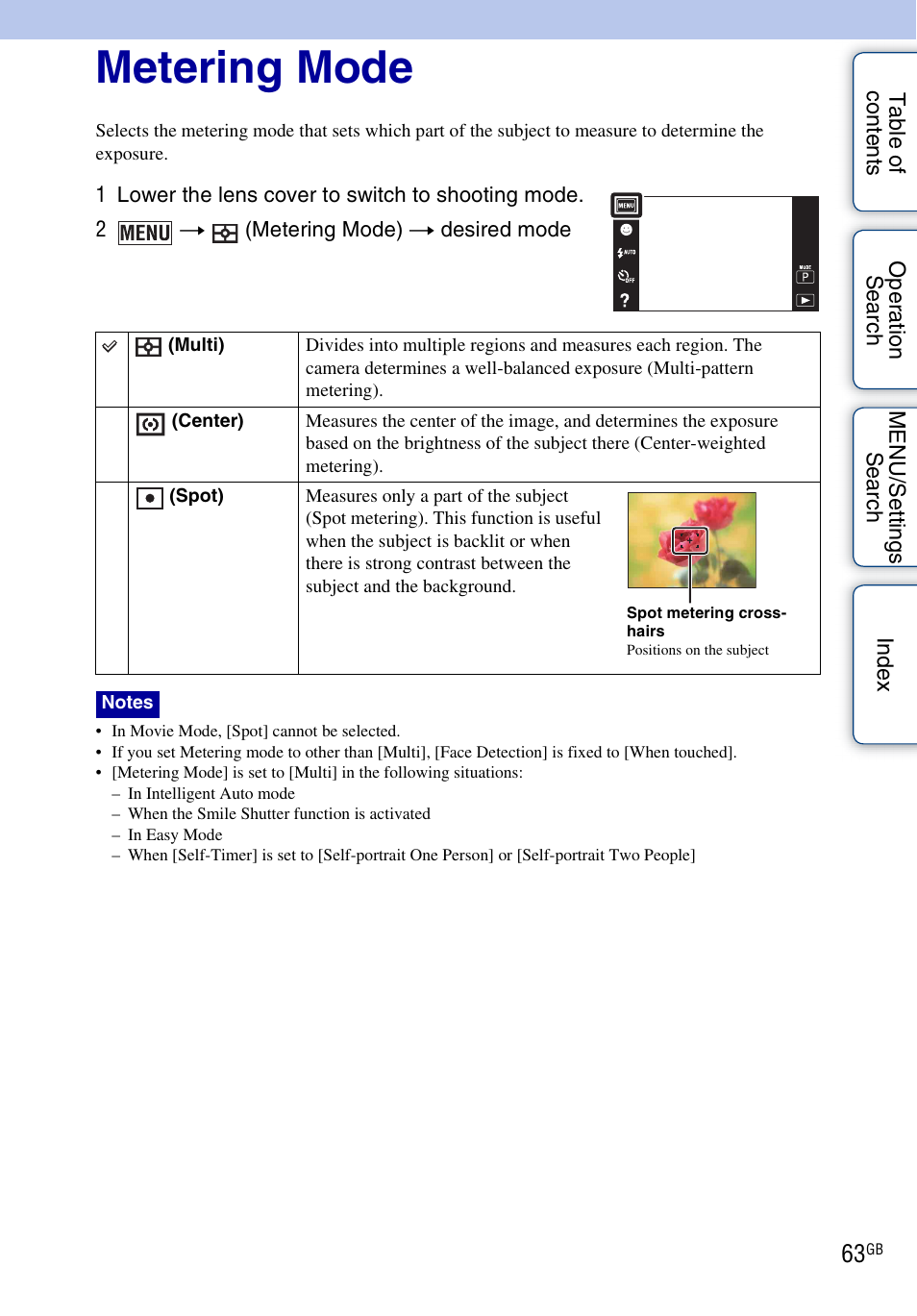 Metering mode | Sony DSC-T110 User Manual | Page 63 / 164