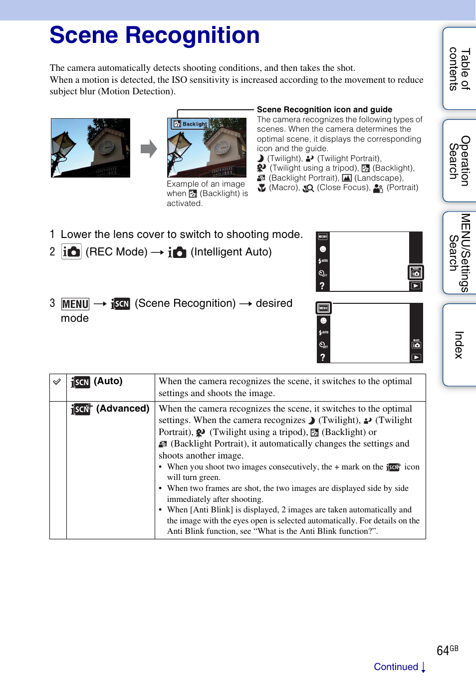 Scene recognition | Sony DSC-T110 User Manual | Page 64 / 164