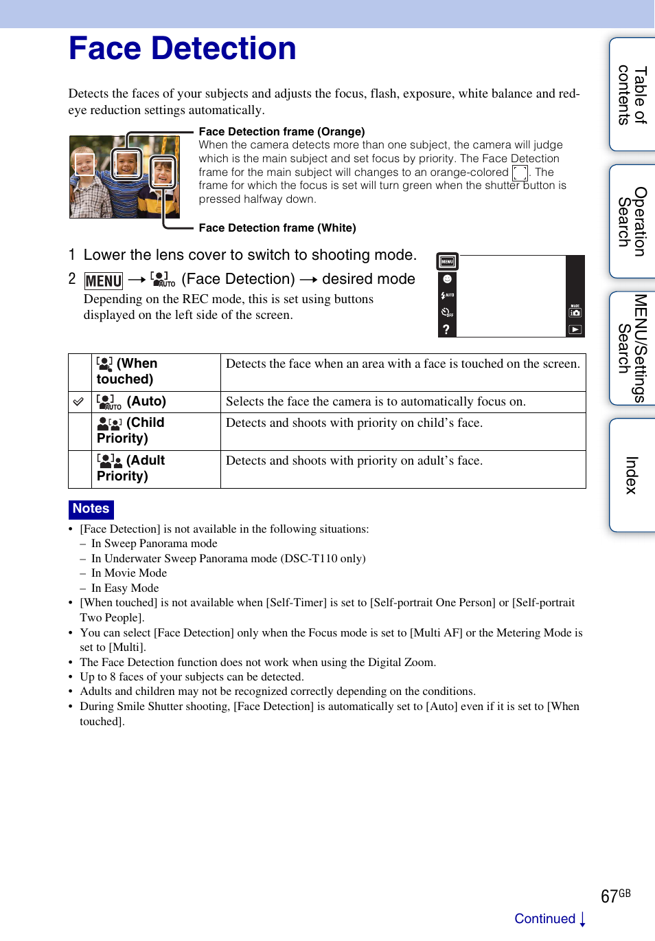 Face detection | Sony DSC-T110 User Manual | Page 67 / 164