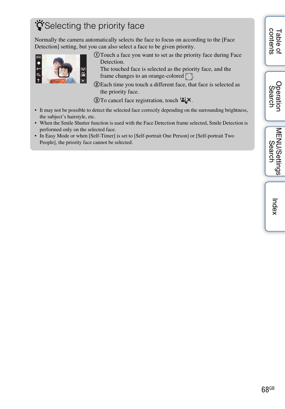 Selecting the priority face | Sony DSC-T110 User Manual | Page 68 / 164