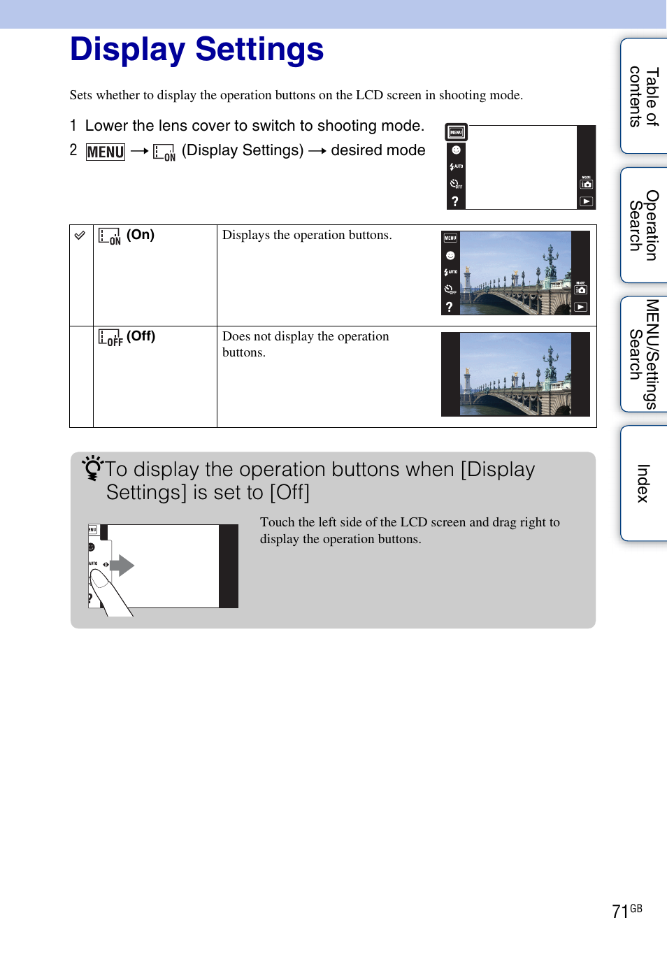 Display settings | Sony DSC-T110 User Manual | Page 71 / 164