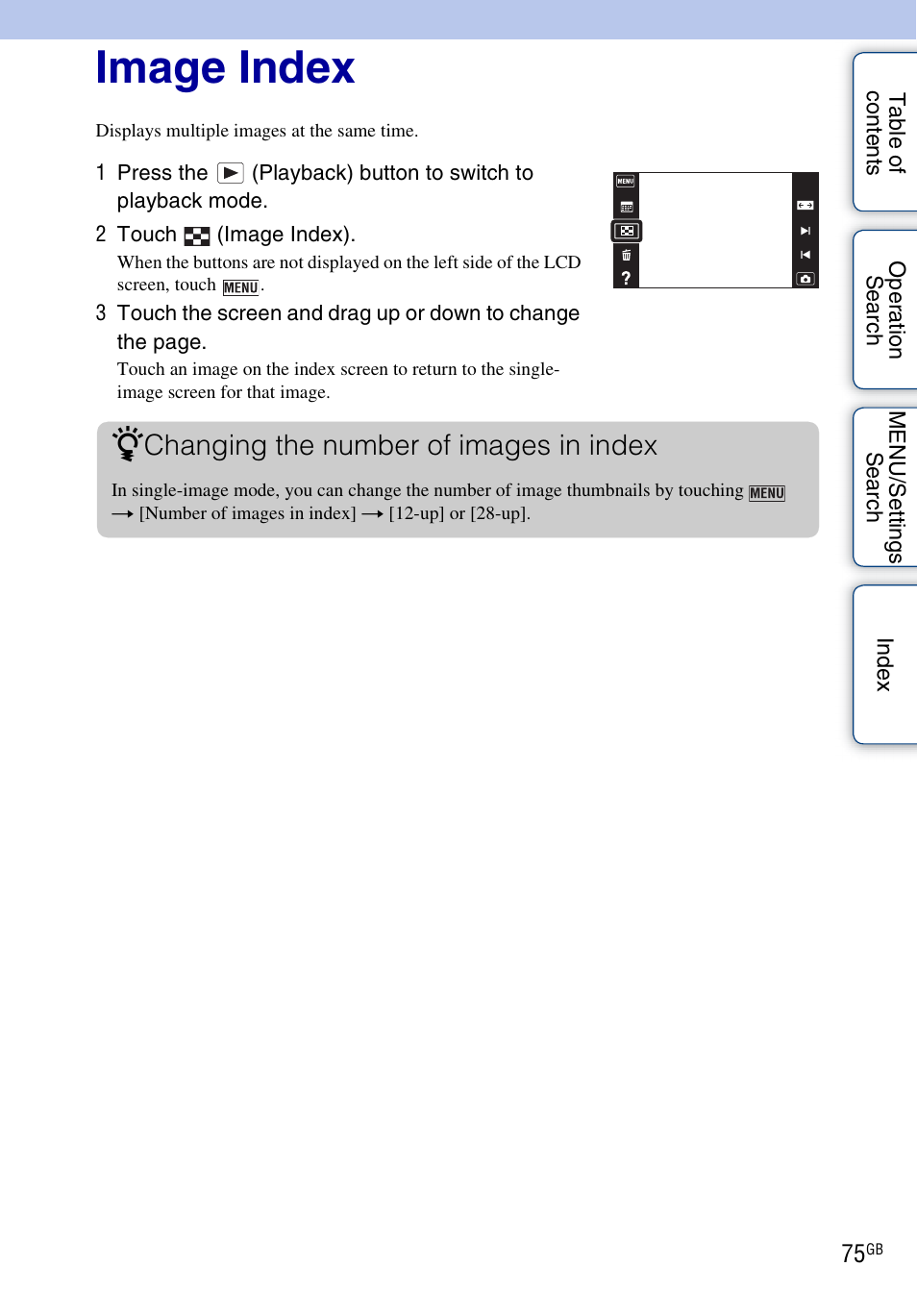 Image index, Changing the number of images in index | Sony DSC-T110 User Manual | Page 75 / 164