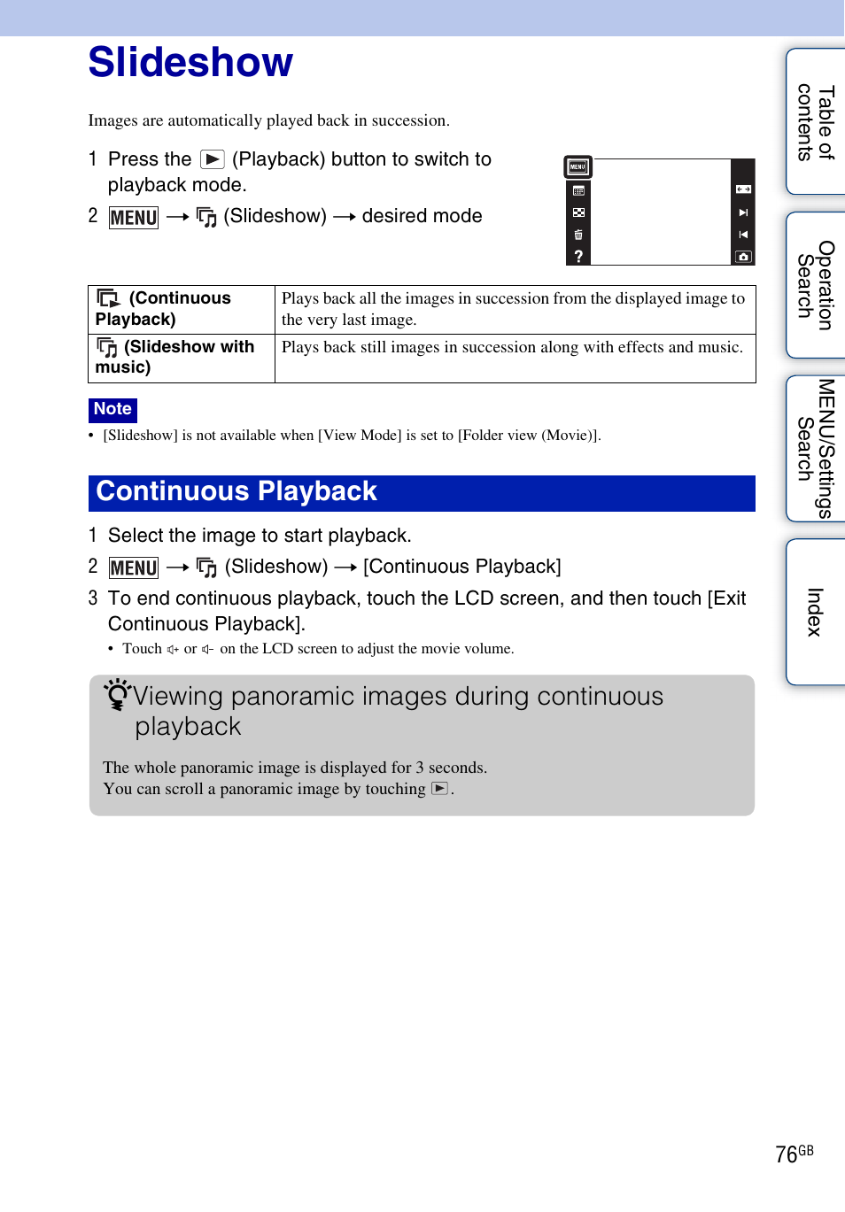 Slideshow, Continuous playback z | Sony DSC-T110 User Manual | Page 76 / 164