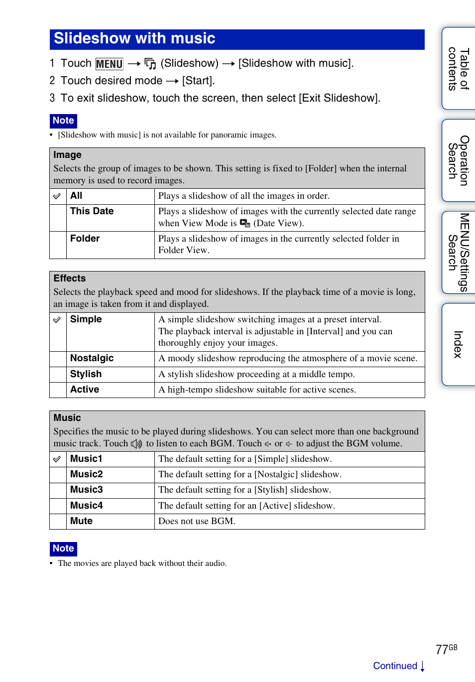 Slideshow with music | Sony DSC-T110 User Manual | Page 77 / 164