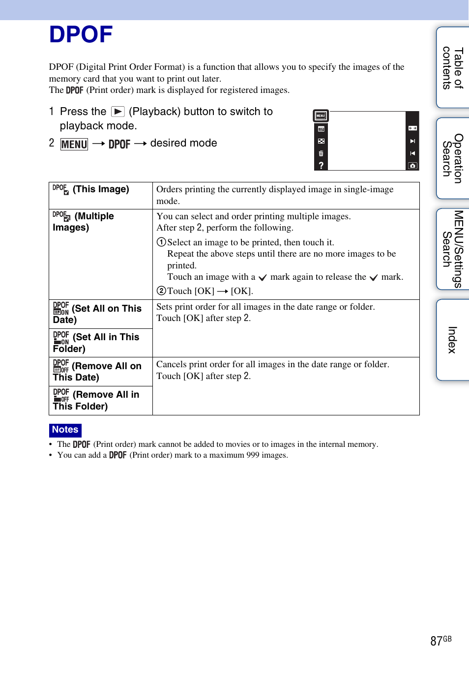 Dpof | Sony DSC-T110 User Manual | Page 87 / 164