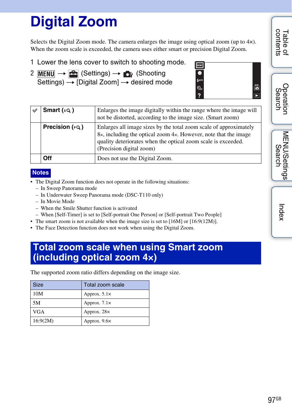 Digital zoom | Sony DSC-T110 User Manual | Page 97 / 164