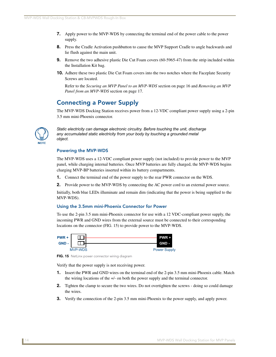 Connecting a power supply, Powering the mvp-wds, Using the 3.5mm mini-phoenix connector for power | AMX Wall Docking Station MVP-WDS User Manual | Page 20 / 38