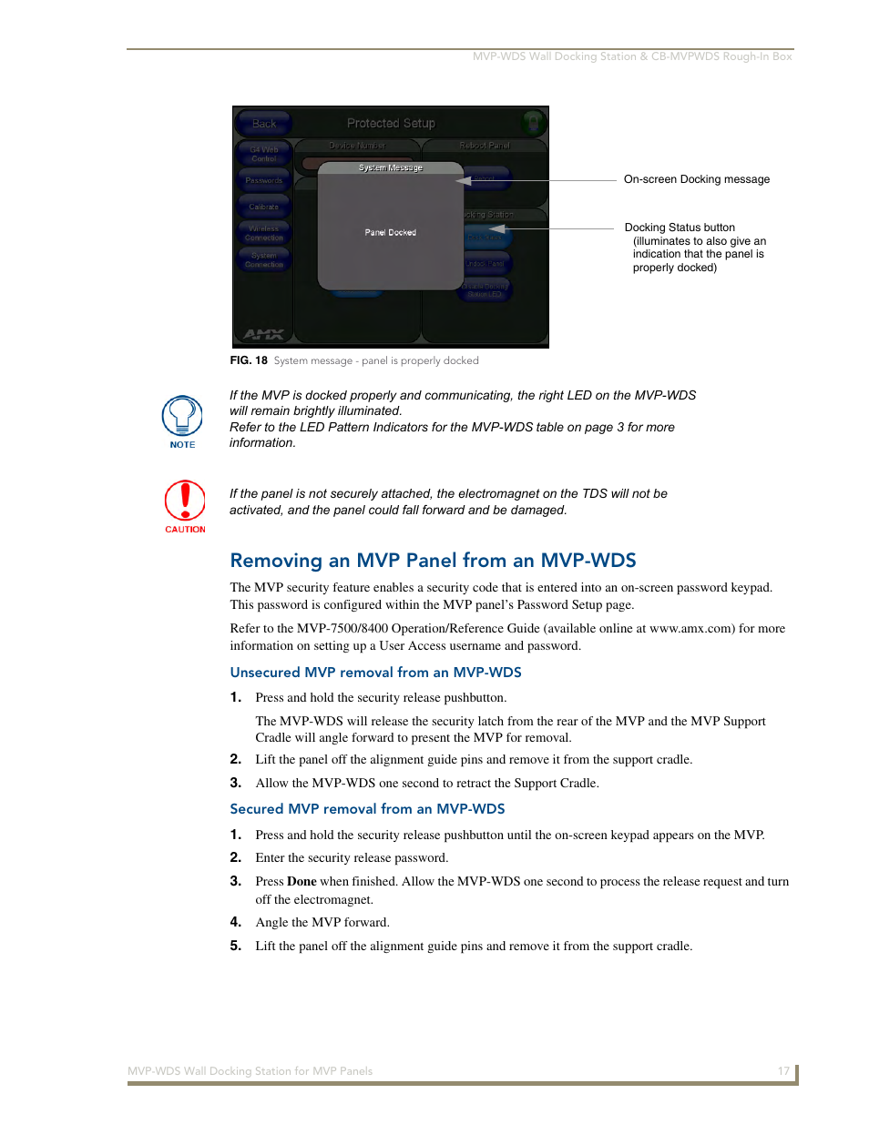 Removing an mvp panel from an mvp-wds, Unsecured mvp removal from an mvp-wds, Secured mvp removal from an mvp-wds | AMX Wall Docking Station MVP-WDS User Manual | Page 23 / 38