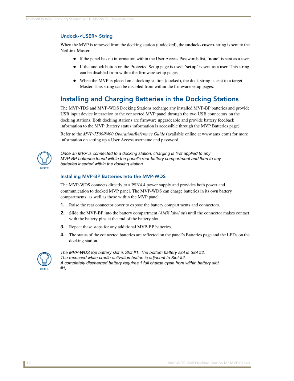 Undock-<user> string, Installing mvp-bp batteries into the mvp-wds | AMX Wall Docking Station MVP-WDS User Manual | Page 24 / 38