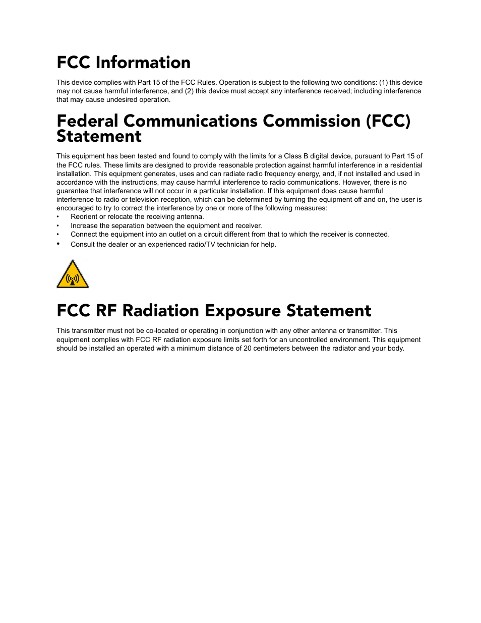 Fcc information, Federal communications commission (fcc) statement, Fcc rf radiation exposure statement | AMX Wall Docking Station MVP-WDS User Manual | Page 3 / 38