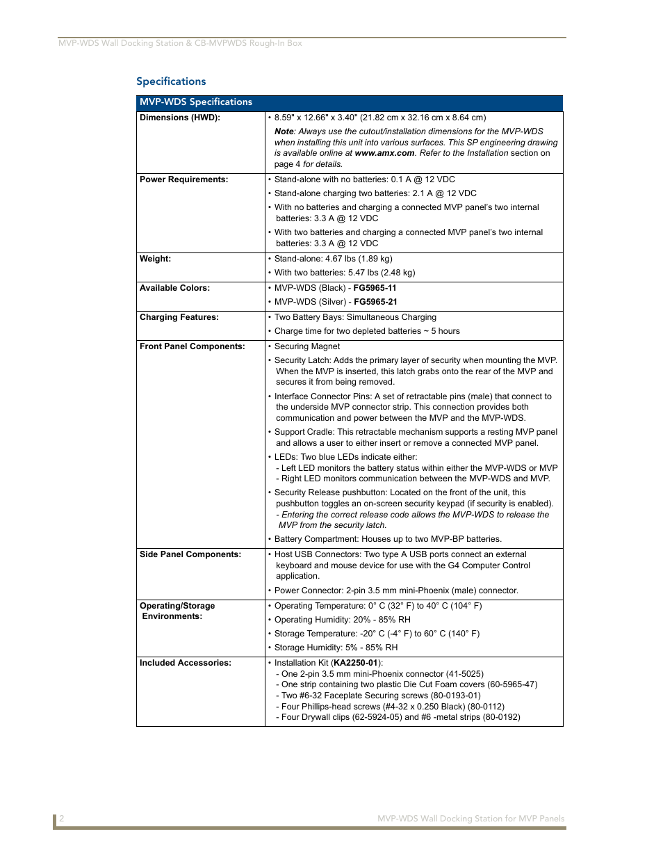 Specifications | AMX Wall Docking Station MVP-WDS User Manual | Page 8 / 38